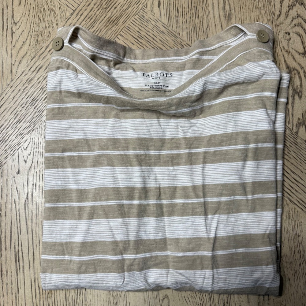 Talbots Petite XL Tan White Striped Button Shoulder Short Sleeve Top